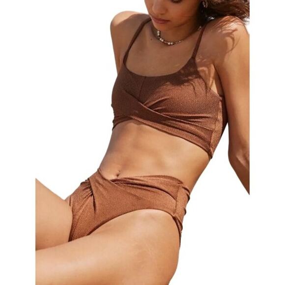 Aerie Shine Pique Twist High Cut Textured Bikini Bottom Horizon Women Size Large - Picture 1 of 5